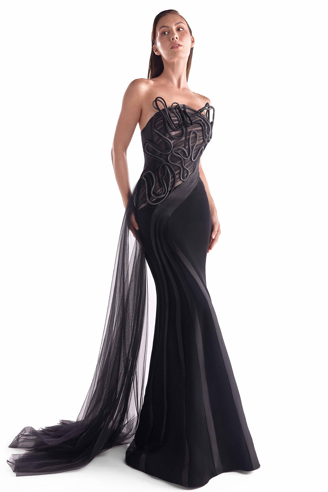 Strapless Dress with Draped Illusion Bodice