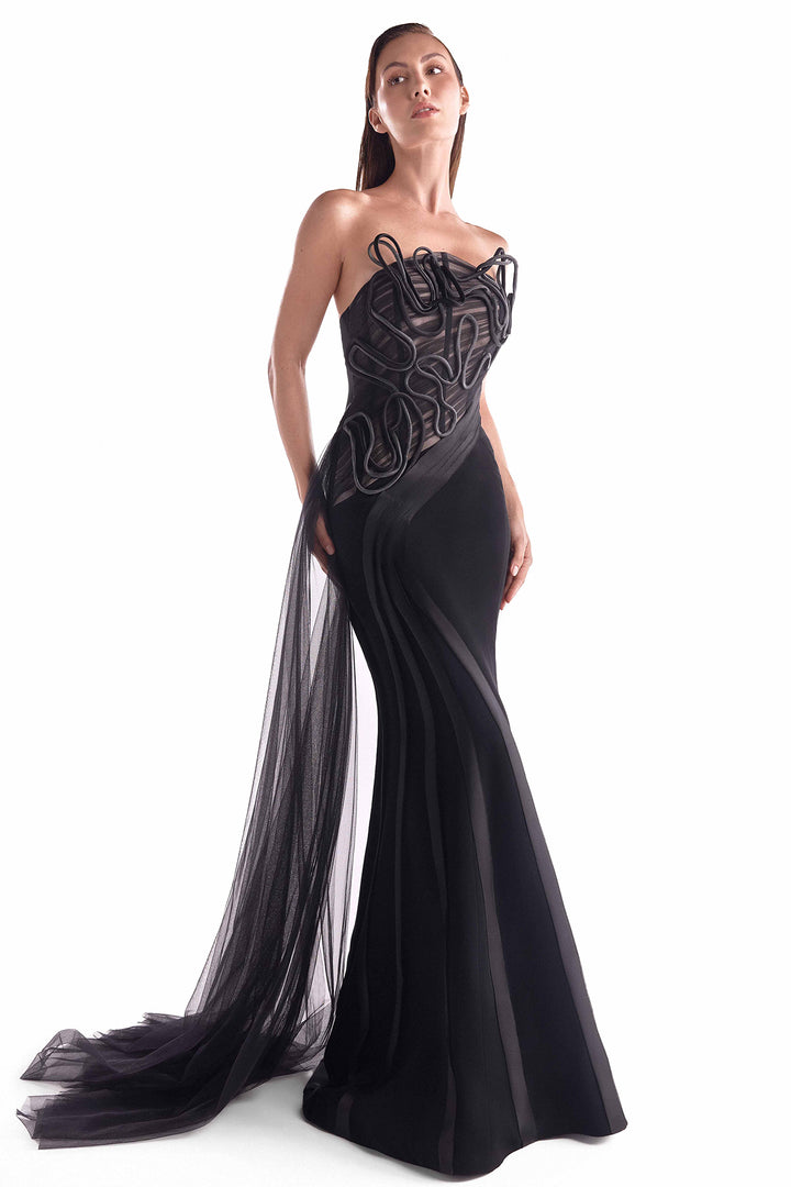 Strapless Dress with Draped Illusion Bodice