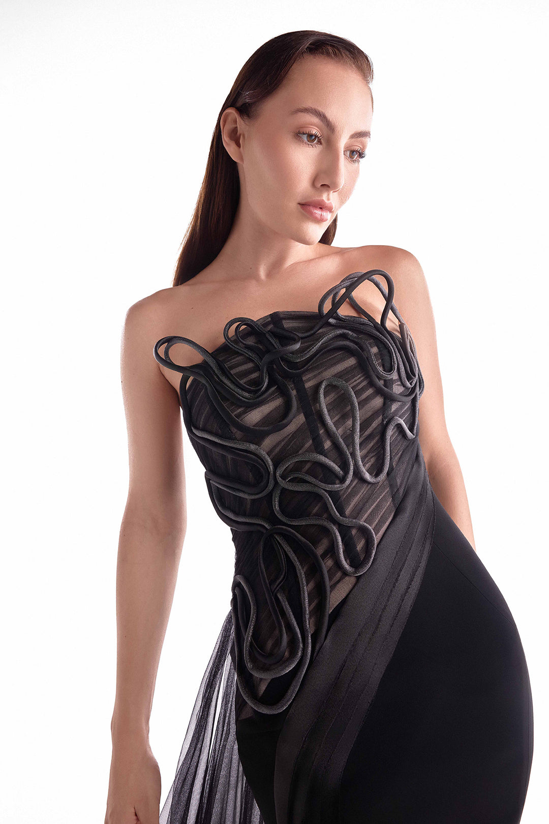 Strapless Dress with Draped Illusion Bodice