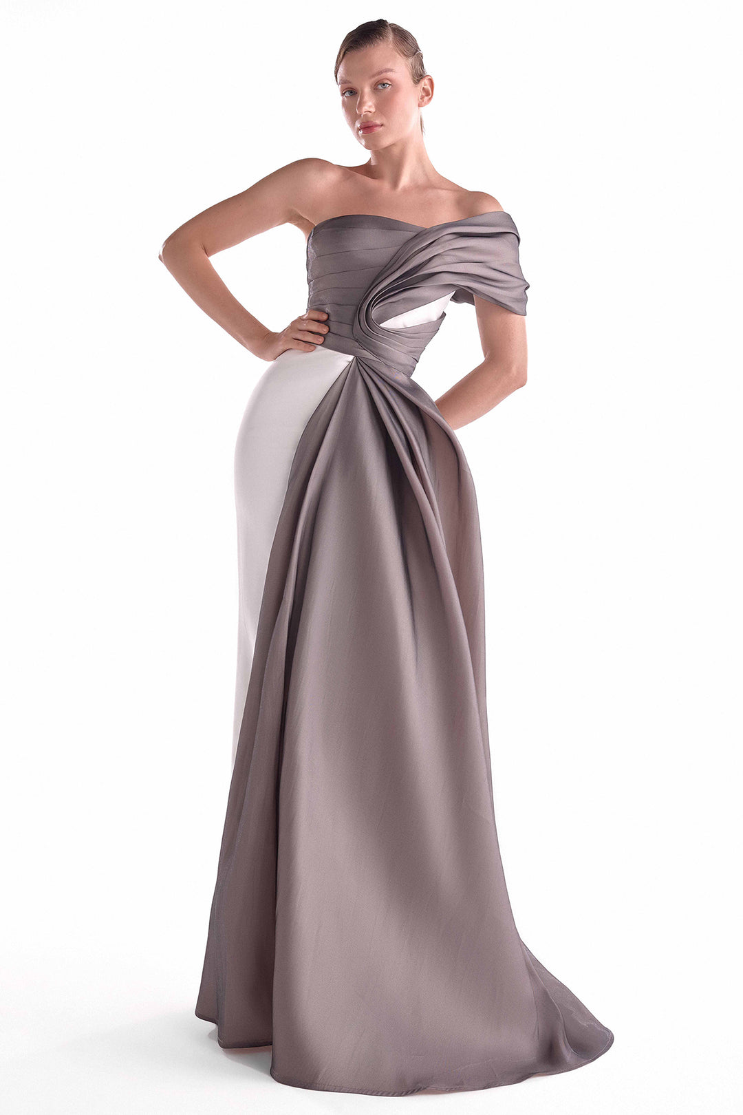 One-Shoulder Crepe Gown with Anthracite Draped Bodice and Side Train