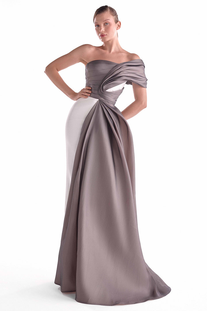 One-Shoulder Crepe Gown with Anthracite Draped Bodice and Side Train