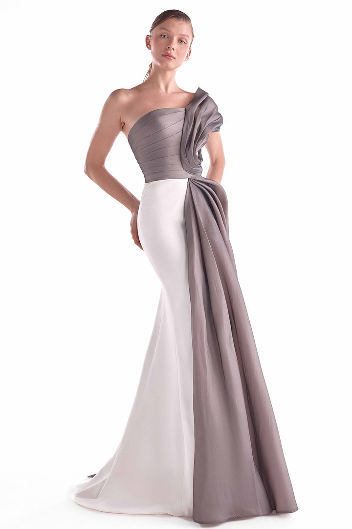 One-Shoulder Crepe Gown with Anthracite Draped Bodice and Side Train