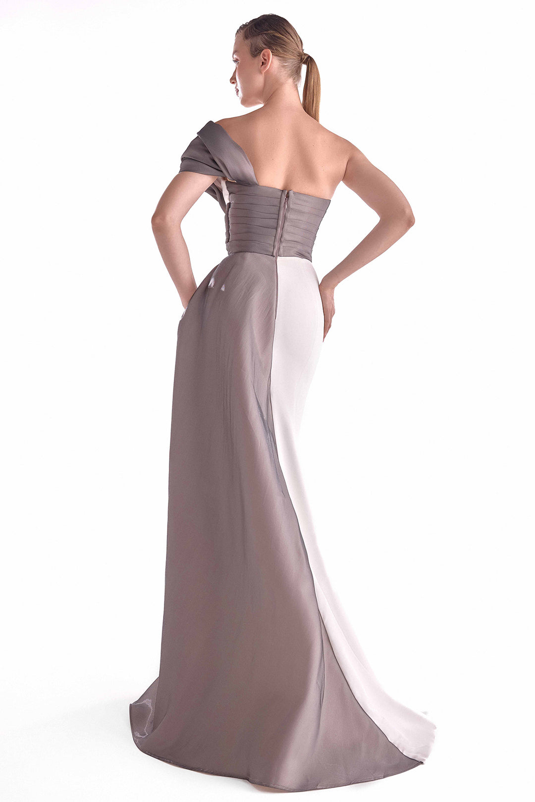 One-Shoulder Crepe Gown with Anthracite Draped Bodice and Side Train