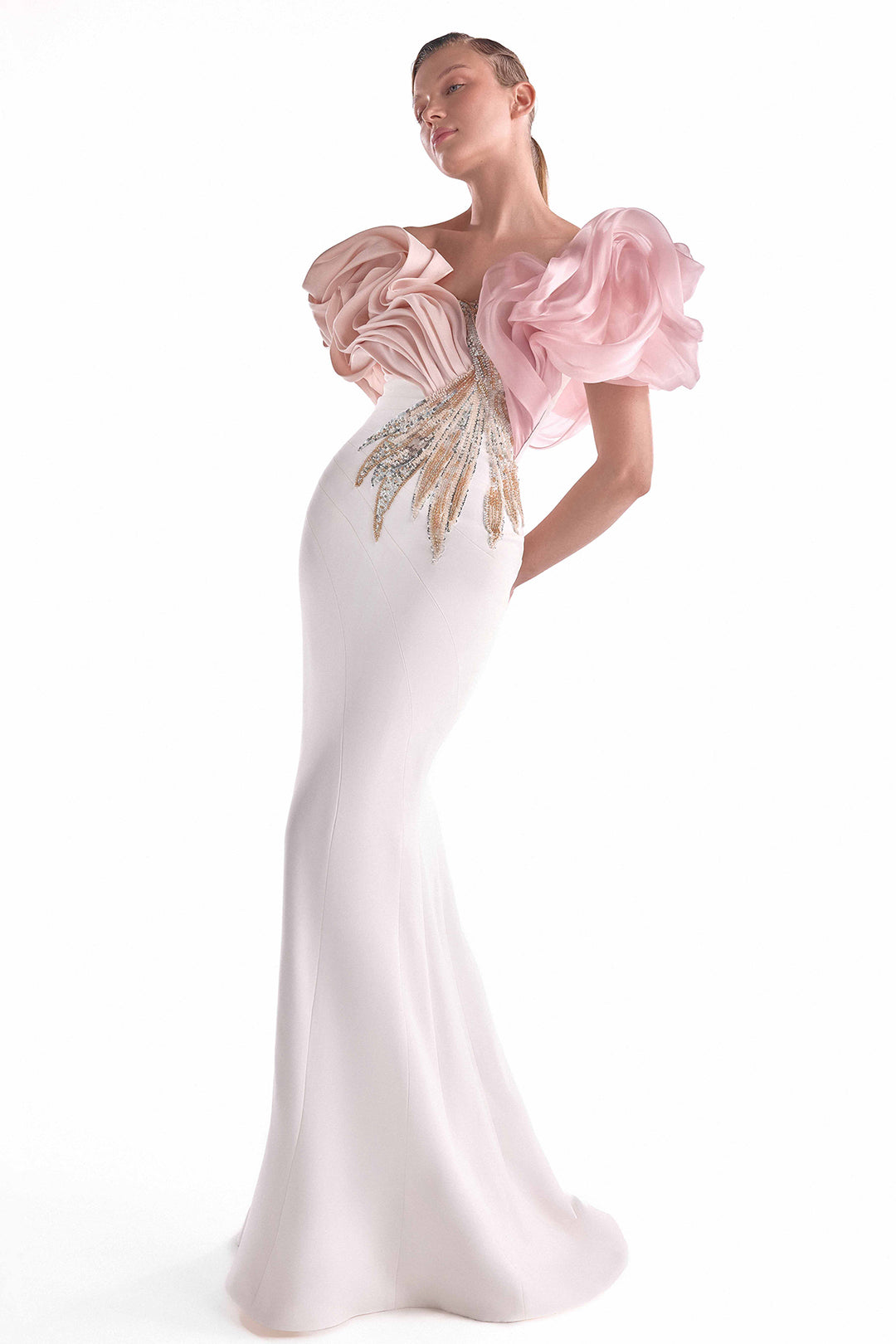 Mermaid Dress with Organza Shoulders and Embellishments