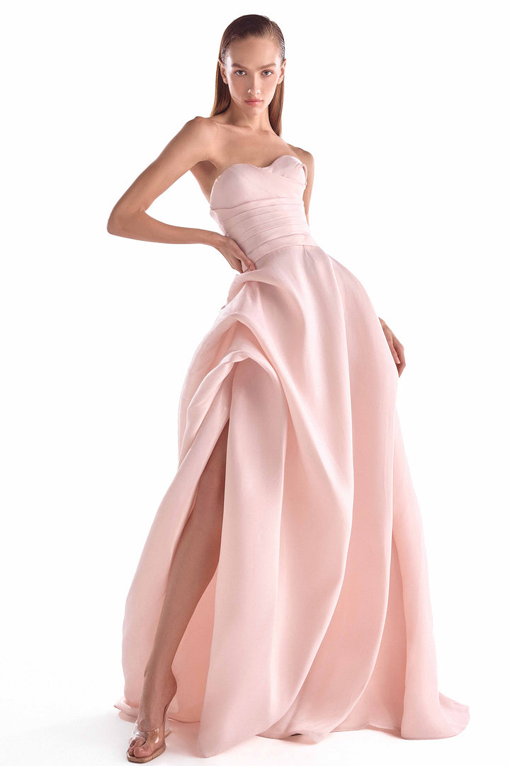 Organza Gown with Draped Bodice and High Slit
