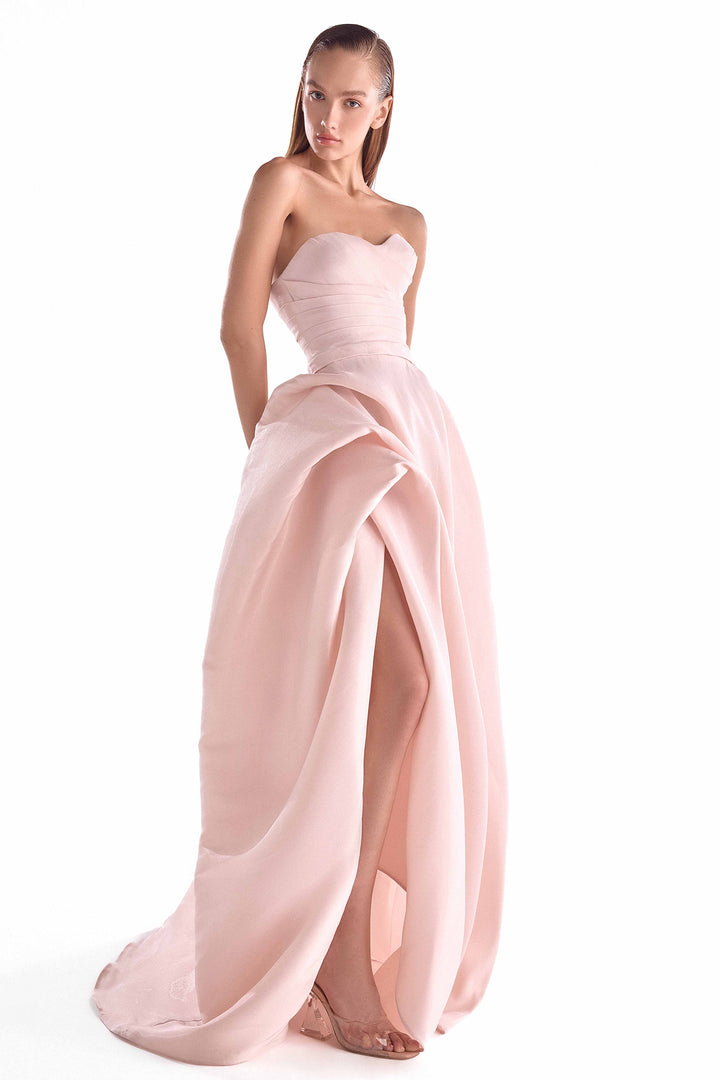 Organza Gown with Draped Bodice and High Slit