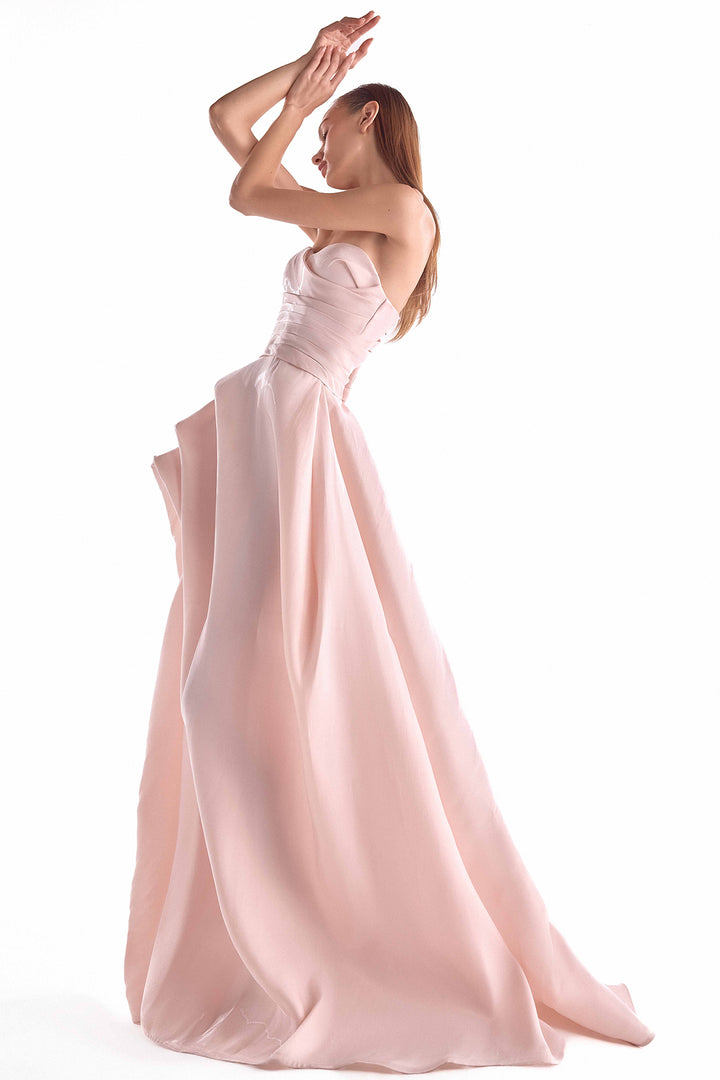 Organza Gown with Draped Bodice and High Slit