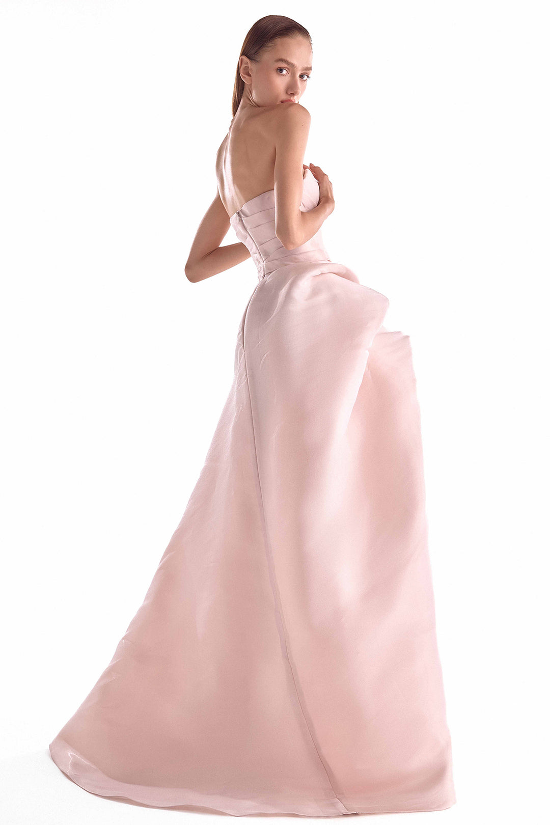 Organza Gown with Draped Bodice and High Slit