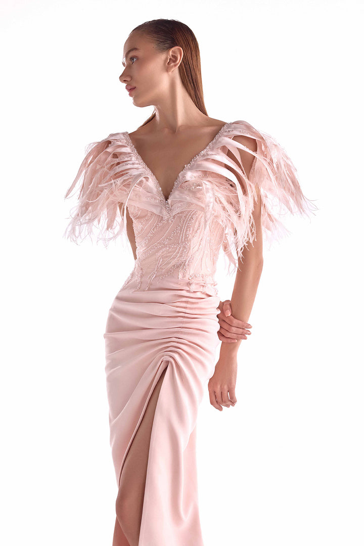 Embellished Dress with Gathered Slit Skirt