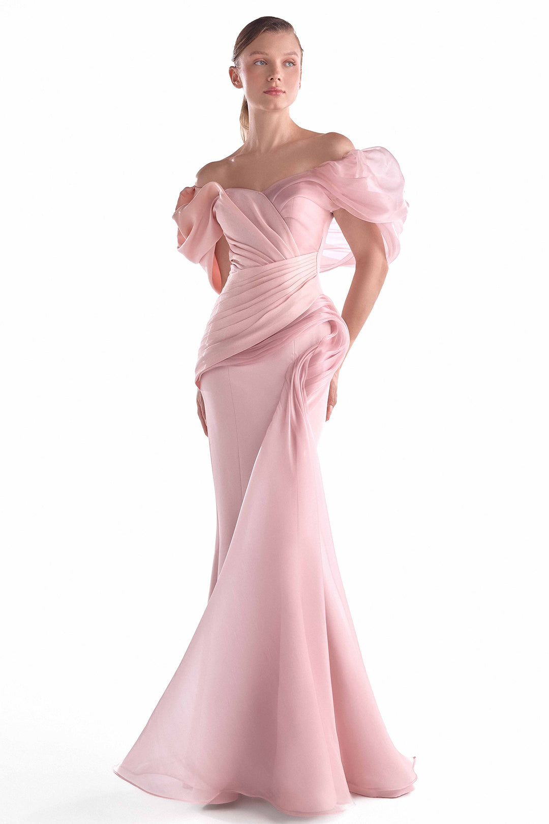 Mermaid Dress with Asymmetrical Organza Shoulders Soft Pink / US 2