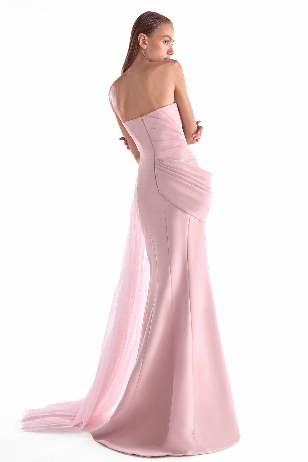Crepe Gown with Draped Tulle Bodice and Train