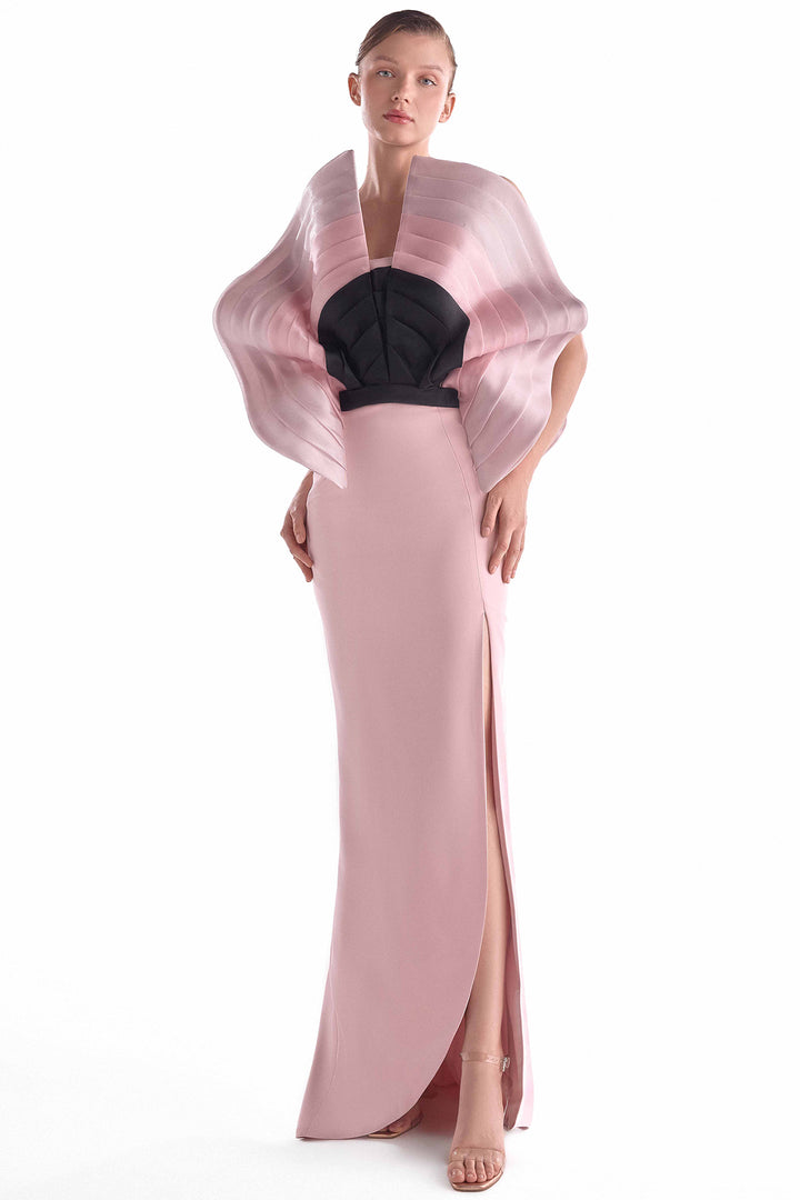Organza Gown with Structured Bodice and High Slit