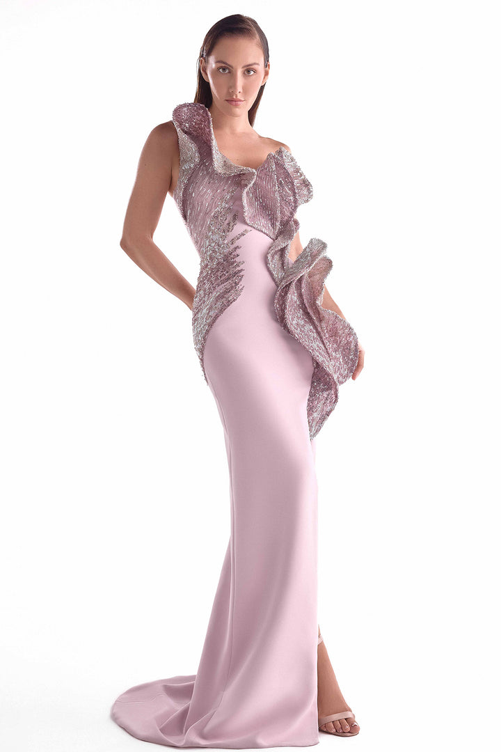Crepe Dress with Three-Dimensional Embroidered Waves
