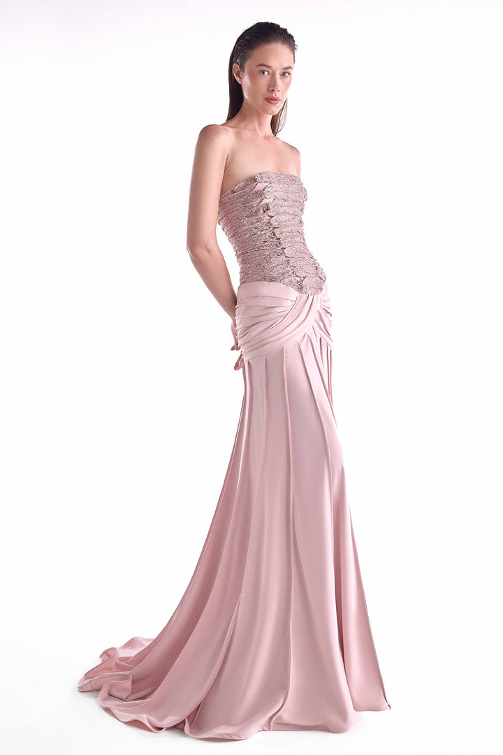 Gown with Gathered Sequined Lace Bust and Ribbed Draping