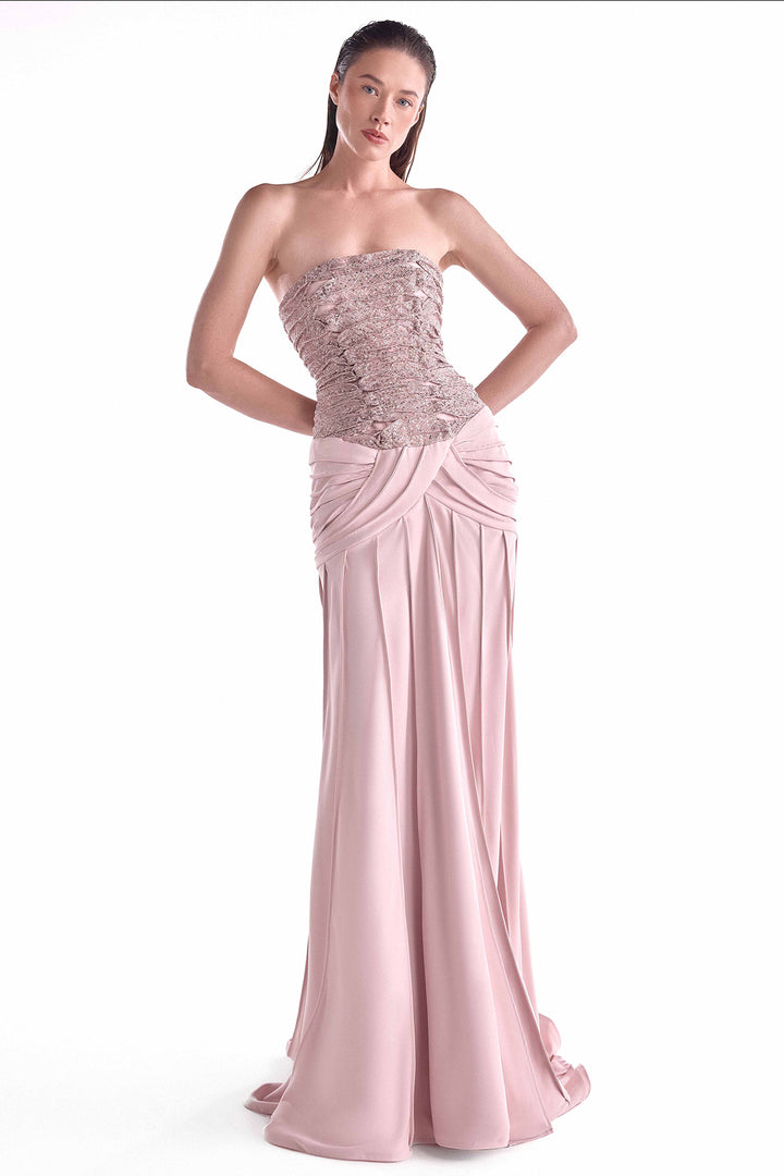 Gown with Gathered Sequined Lace Bust and Ribbed Draping