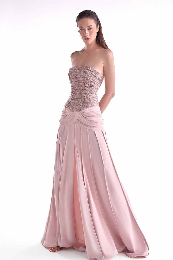 Gown with Gathered Sequined Lace Bust and Ribbed Draping