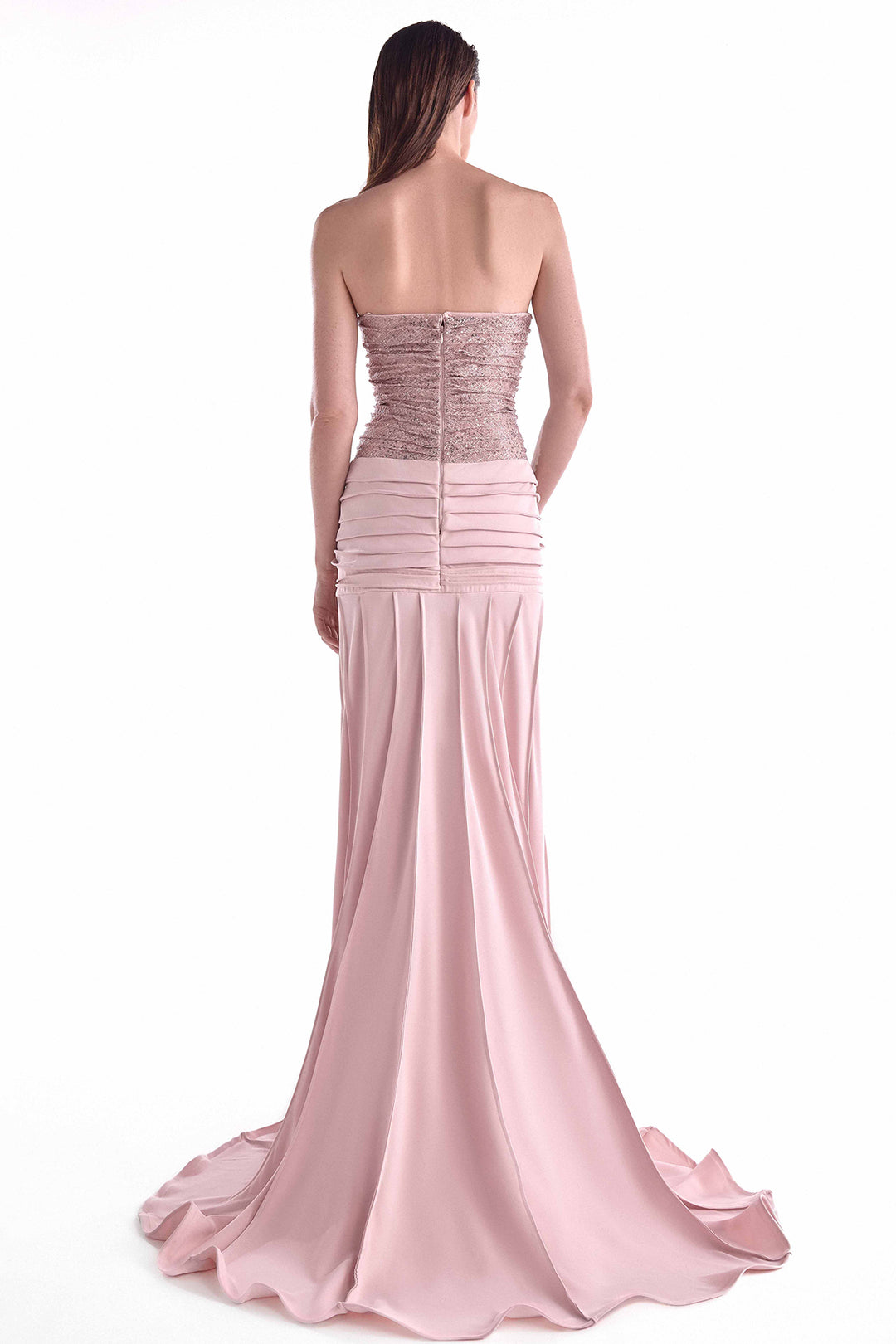 Gown with Gathered Sequined Lace Bust and Ribbed Draping