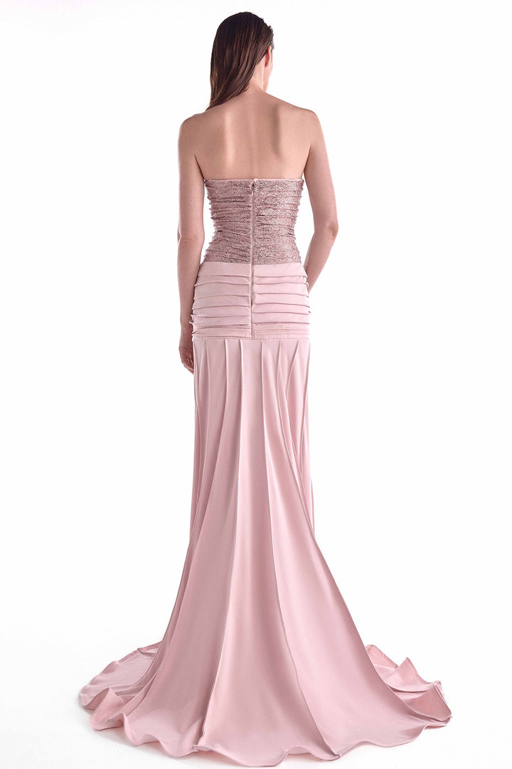 Gown with Gathered Sequined Lace Bust and Ribbed Draping