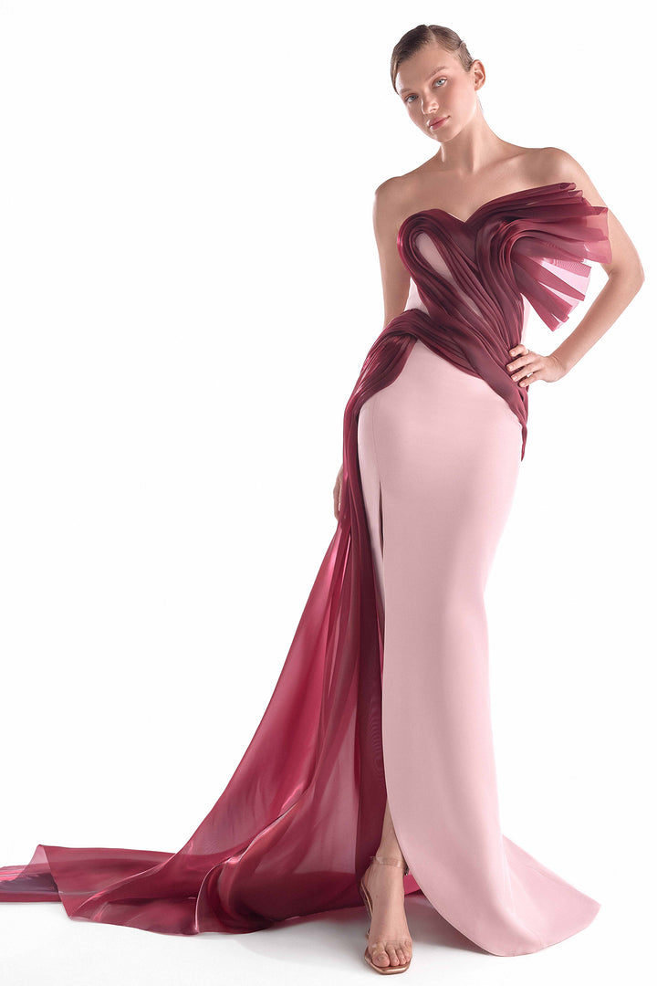 Crepe Gown with Crimson Organza Draping and Sheer Train