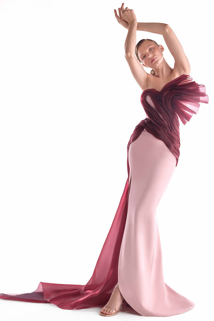 Crepe Gown with Crimson Organza Draping and Sheer Train