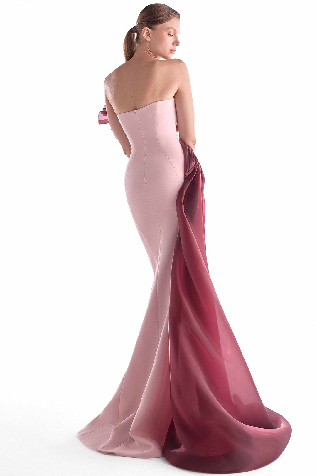 Crepe Gown with Crimson Organza Draping and Sheer Train