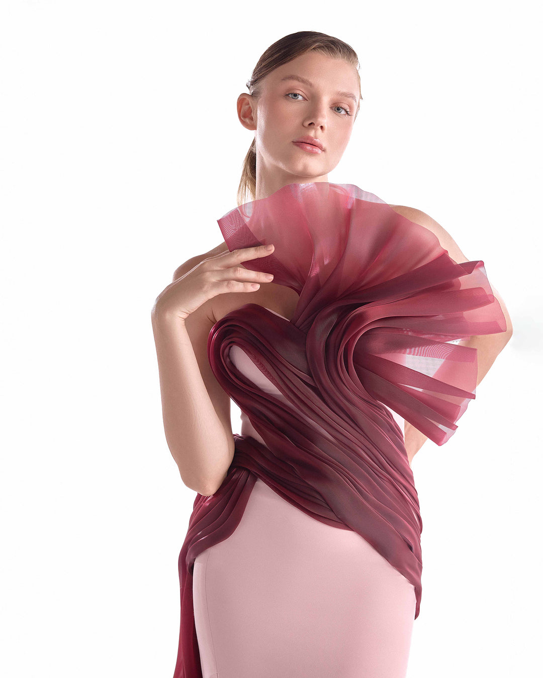 Crepe Gown with Crimson Organza Draping and Sheer Train