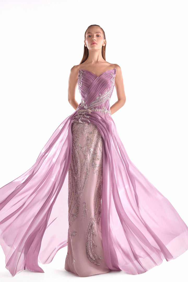 Floral Lace Dress with Draped Organza Bodice and Train
