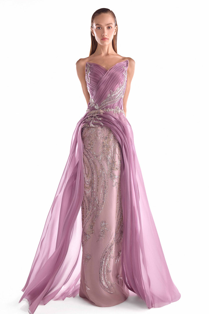 Floral Lace Dress with Draped Organza Bodice and Train
