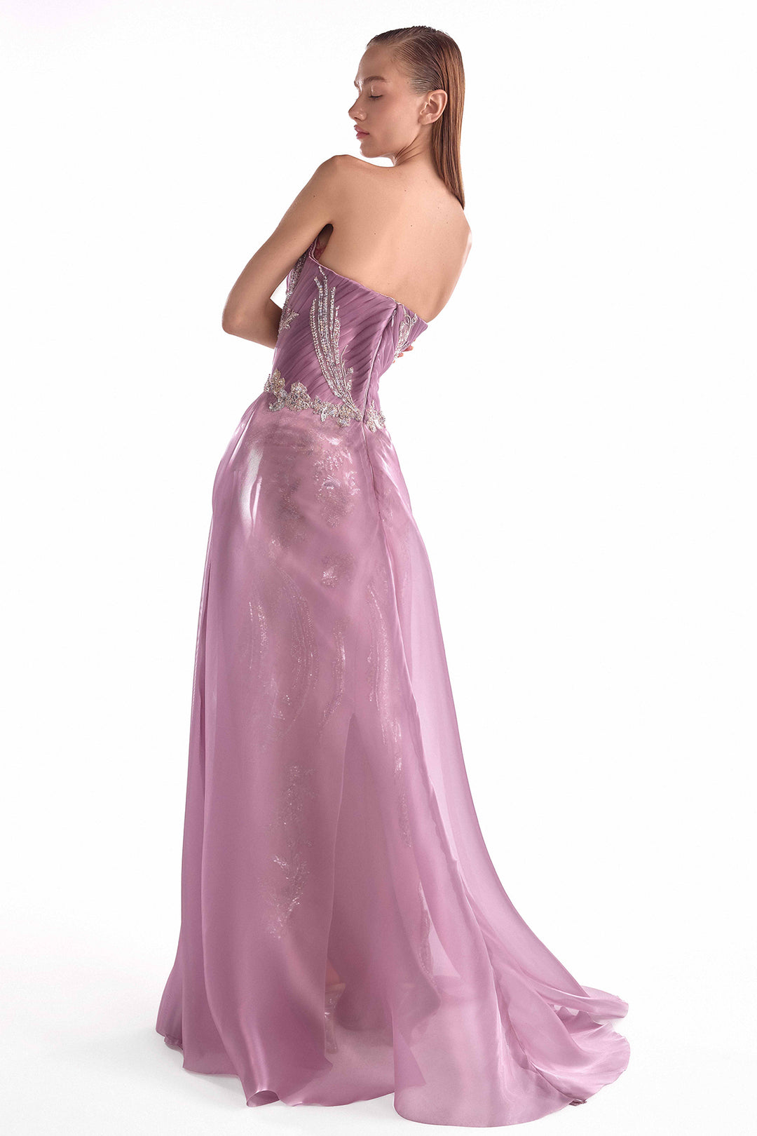 Floral Lace Dress with Draped Organza Bodice and Train