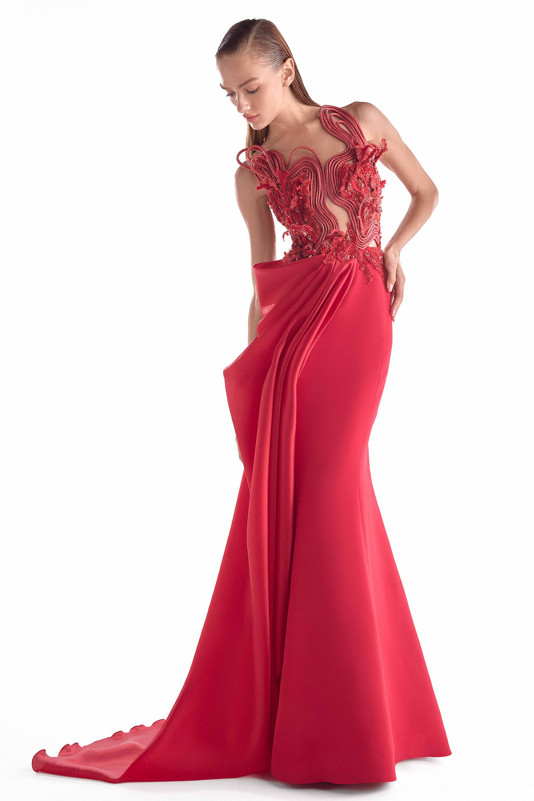 Crimson Embroidered Illusion Bodice Mermaid Dress with Draped Overskirt