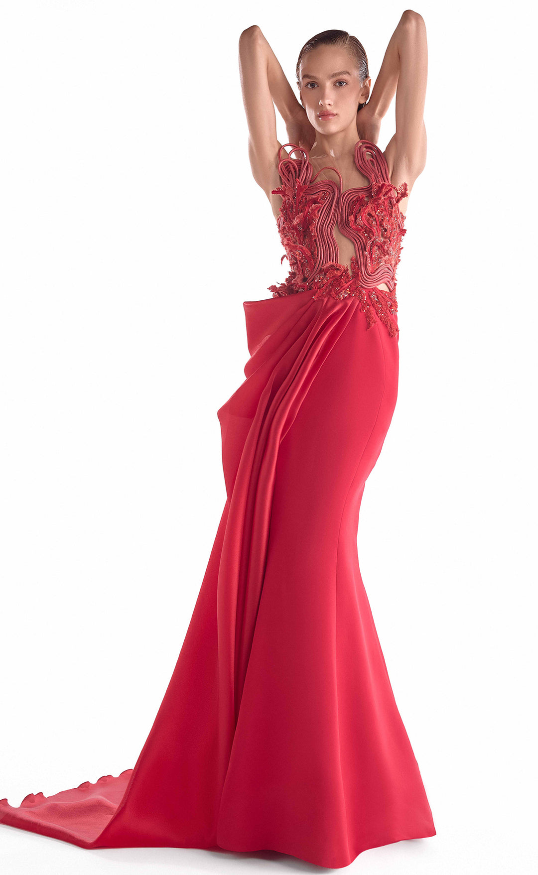 Crimson Embroidered Illusion Bodice Mermaid Dress with Draped Overskirt Red / US 8 Crimson Embroidered Illusion Bodice Mermaid Dress with Draped Overskirt Red / US 8