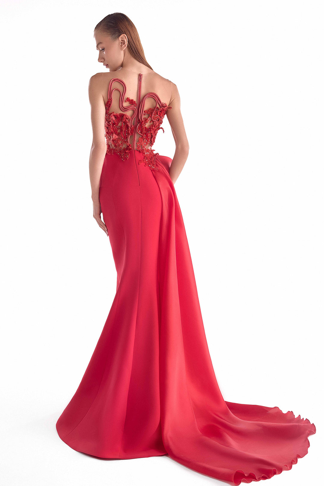 Crimson Embroidered Illusion Bodice Mermaid Dress with Draped Overskirt