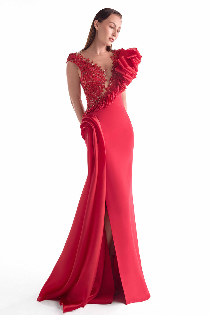 Lustrous Crepe Dress with Plunging Illusion Lace Bodice