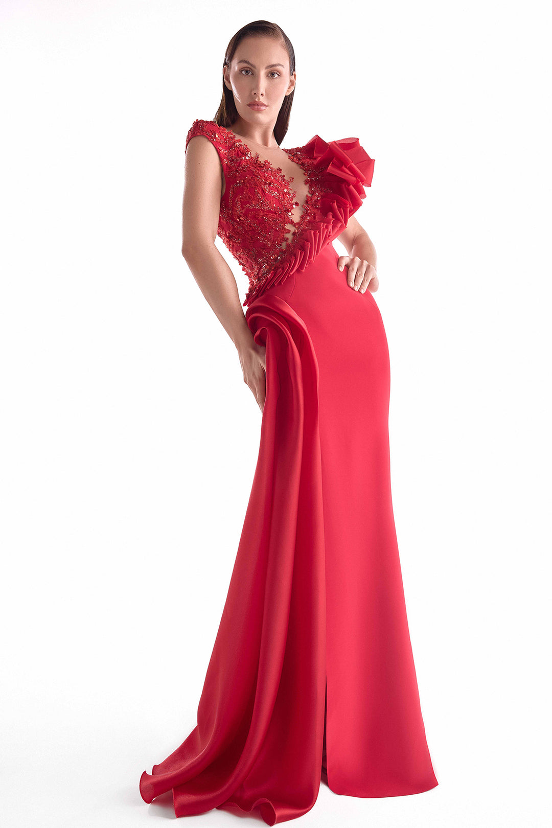 Lustrous Crepe Dress with Plunging Illusion Lace Bodice