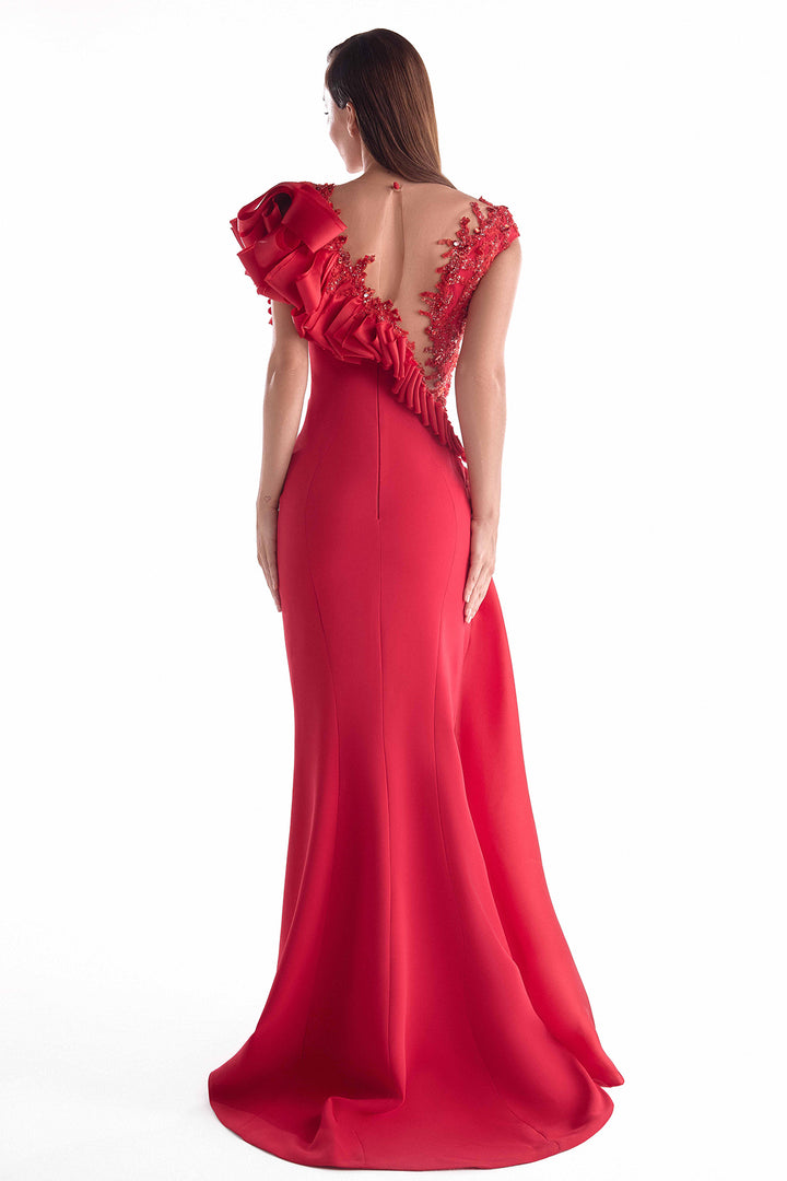 Lustrous Crepe Dress with Plunging Illusion Lace Bodice