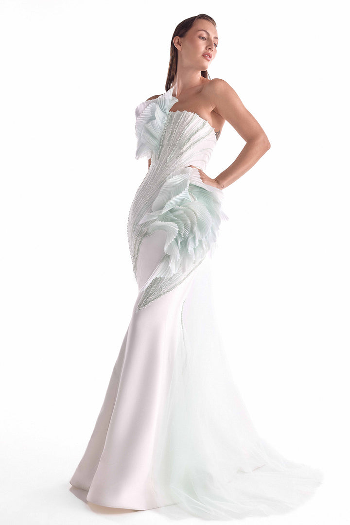 Mermaid Dress with Pearl Embroidery and Pleated Organza