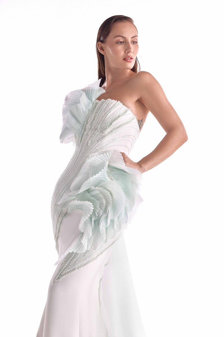 Mermaid Dress with Pearl Embroidery and Pleated Organza