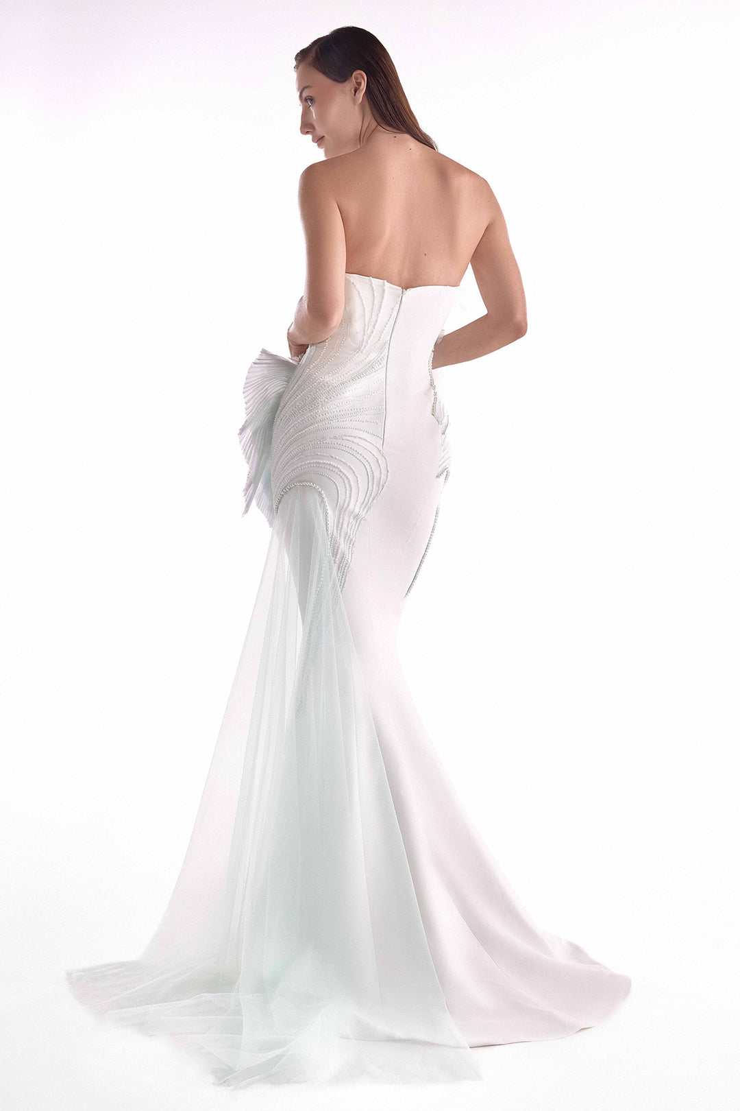Mermaid Dress with Pearl Embroidery and Pleated Organza