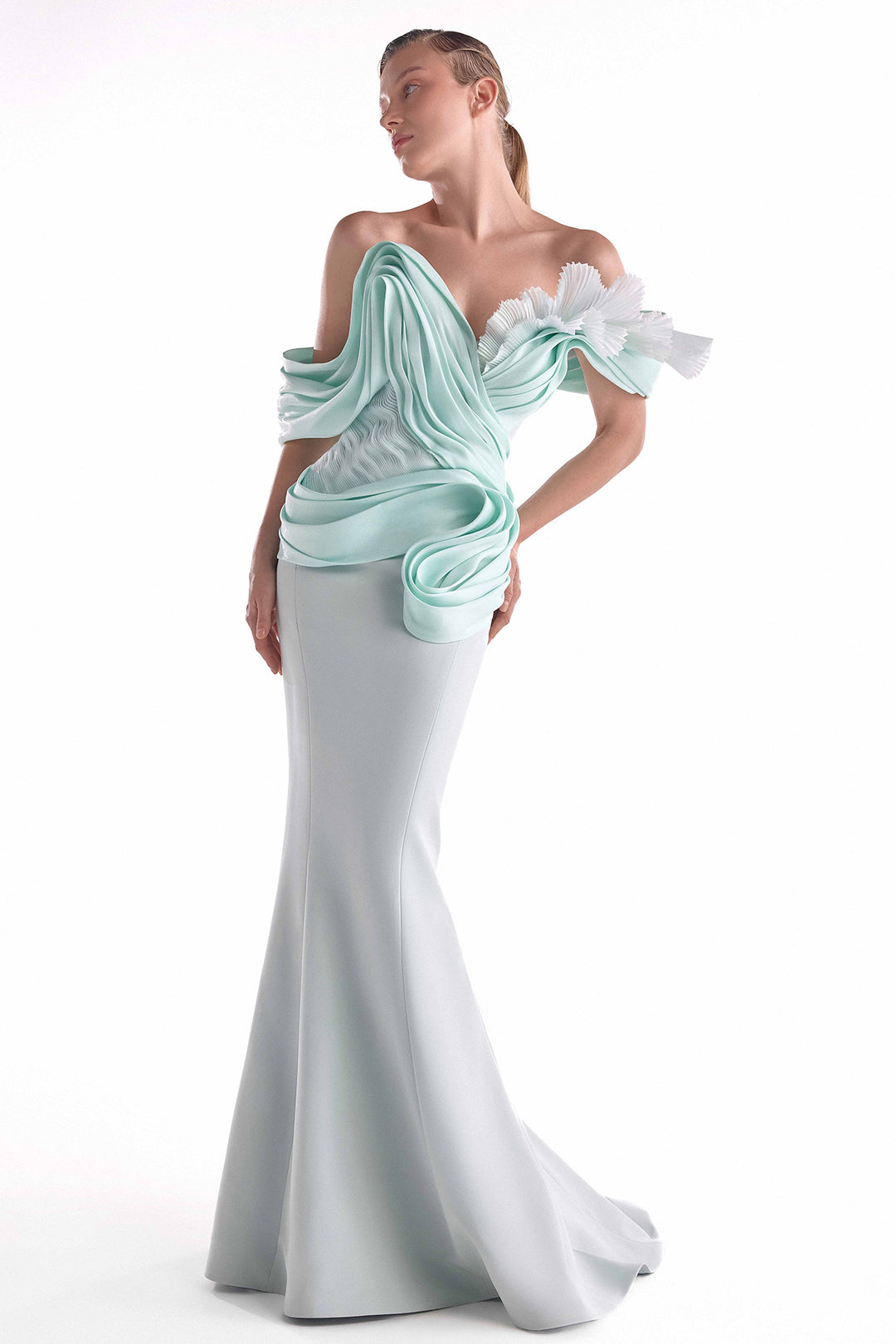 Mermaid Dress with Draped Organza and Pleated Accents