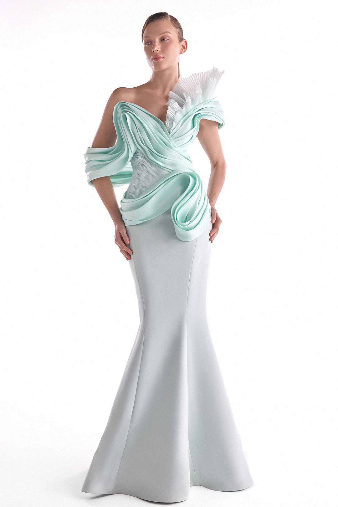 Mermaid Dress with Draped Organza and Pleated Accents