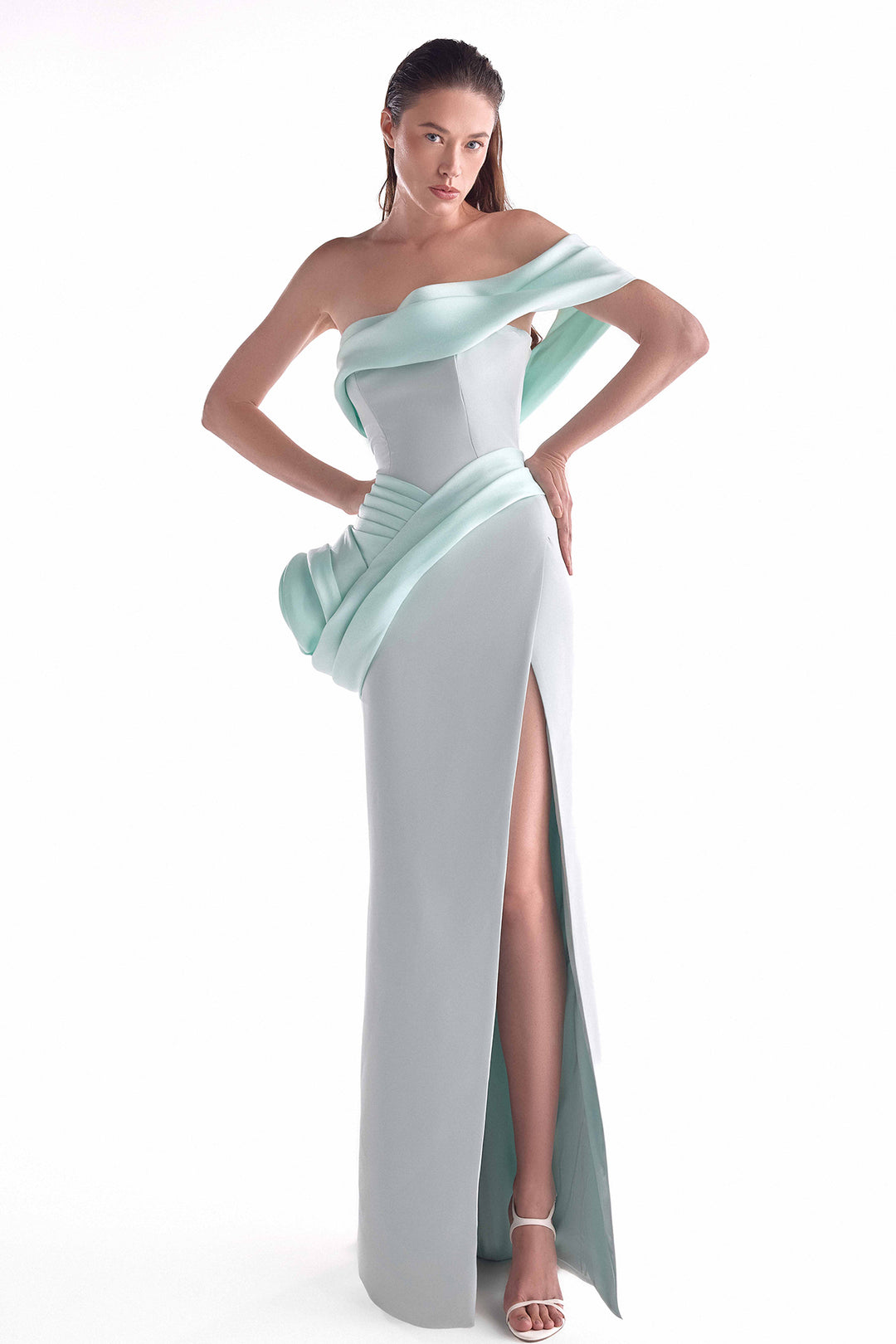 Off-Shoulder Gown with Draped Organza and Sculptural Hip Detail