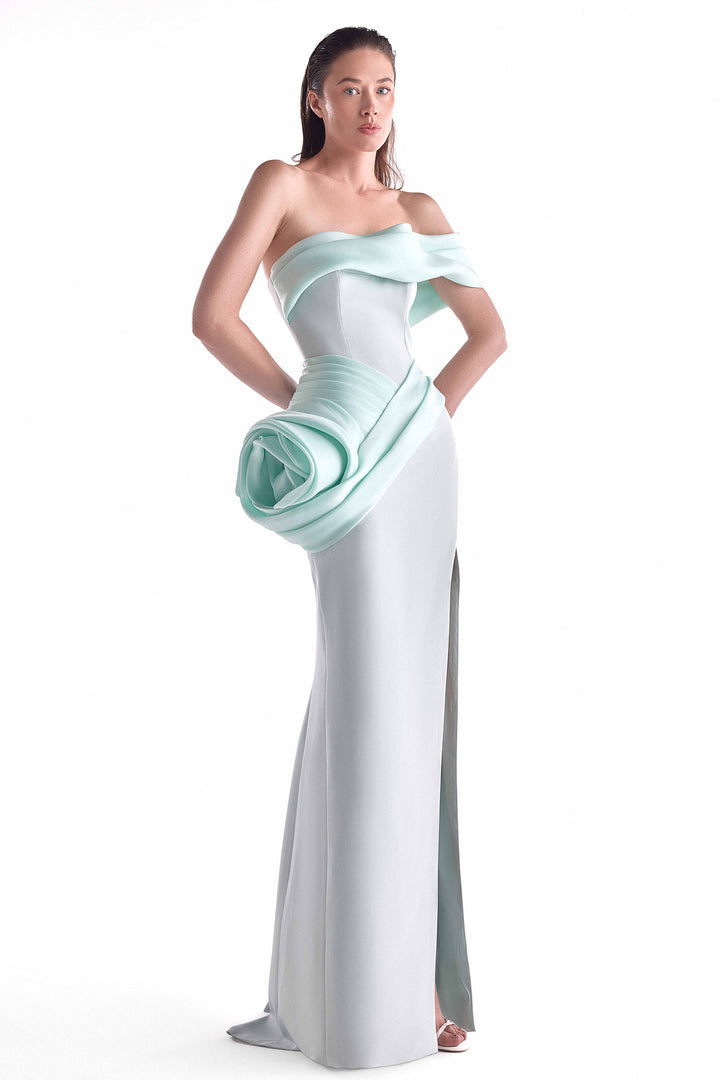 Off-Shoulder Gown with Draped Organza and Sculptural Hip Detail