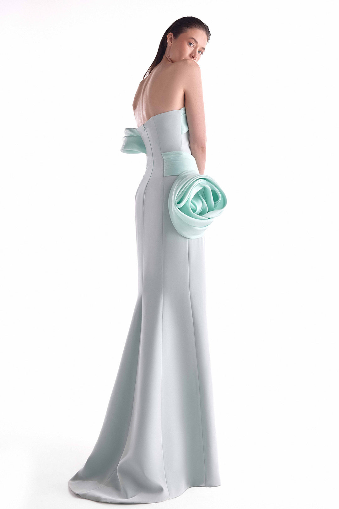 Off-Shoulder Gown with Draped Organza and Sculptural Hip Detail