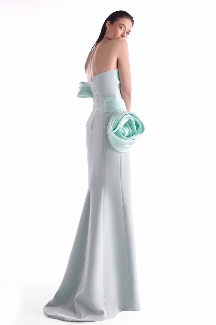 Off-Shoulder Gown with Draped Organza and Sculptural Hip Detail