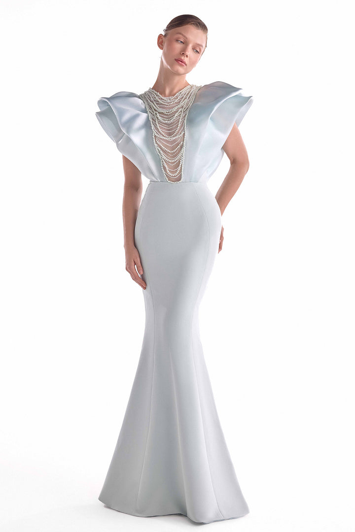 Mermaid Dress with Pearl Drapery and Sculpted Shoulders