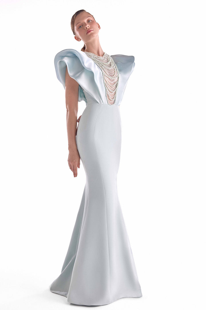 Mermaid Dress with Pearl Drapery and Sculpted Shoulders