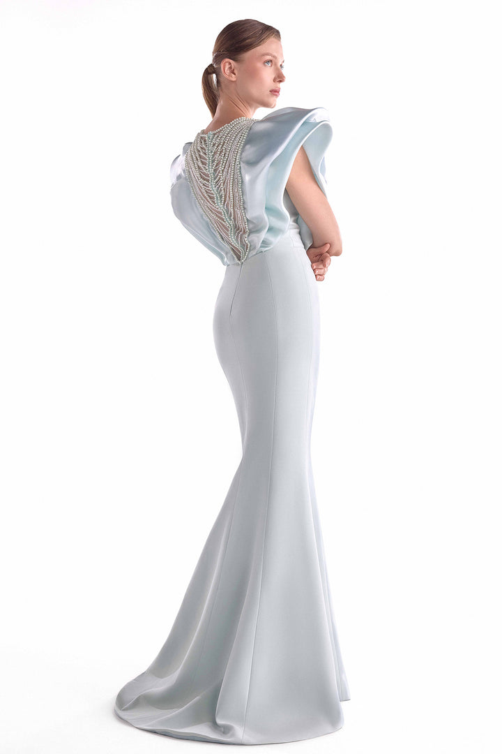 Mermaid Dress with Pearl Drapery and Sculpted Shoulders