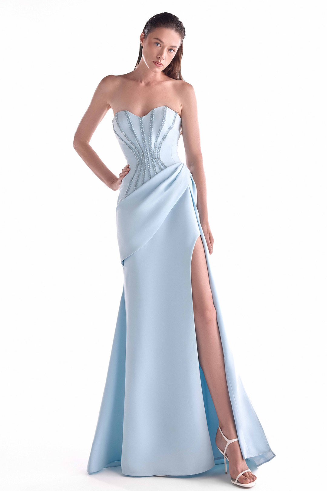 Cinched Beaded Waist and Draped Side Panel Dress