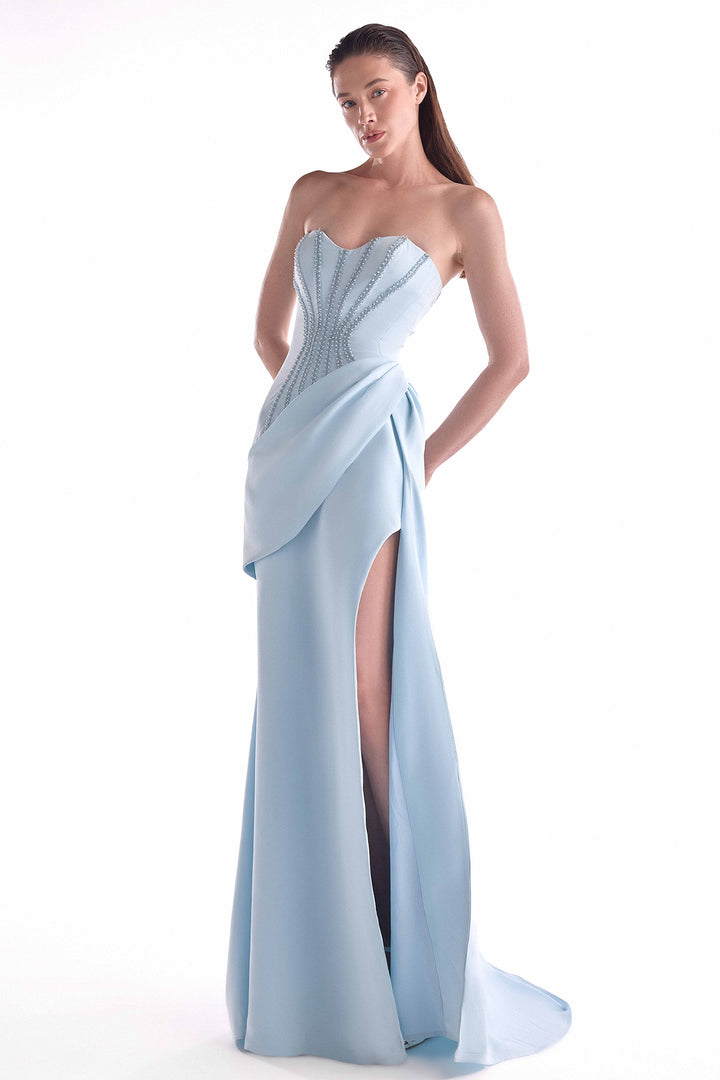 Cinched Beaded Waist and Draped Side Panel Dress Ice Blue / US 8
