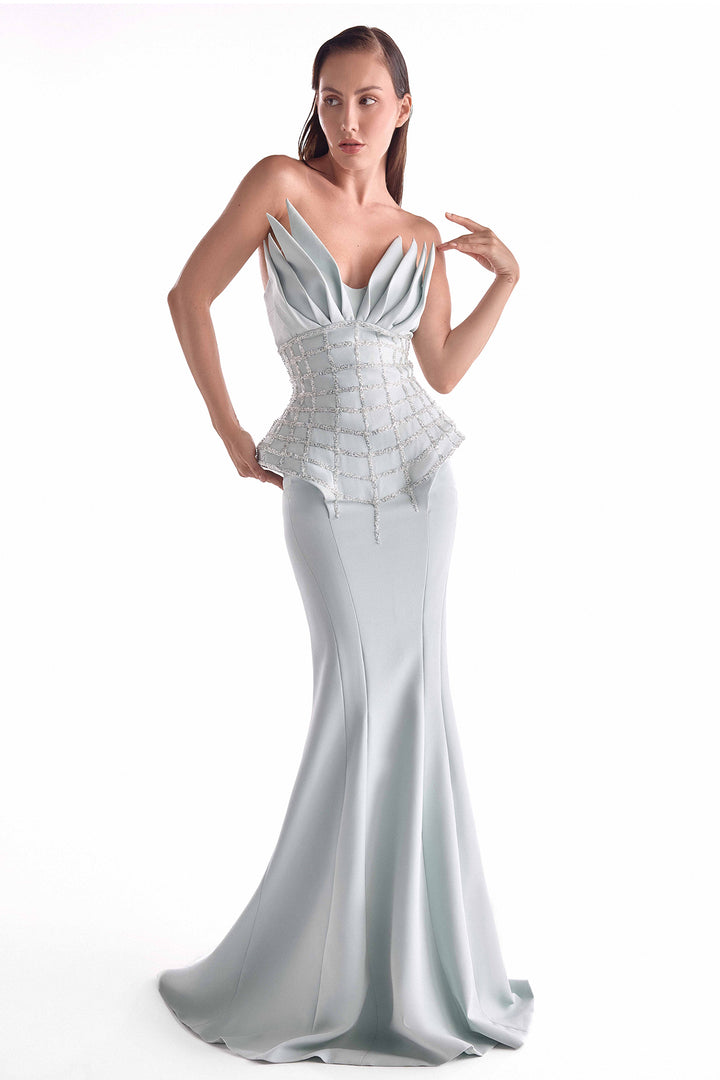 Strapless Gown with Sculpted Bodice and Embroidered Peplum